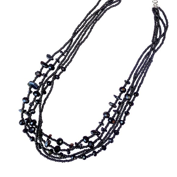 Black glass and shell bead multi strand necklace created with five bead strands - Picture 3 of 9